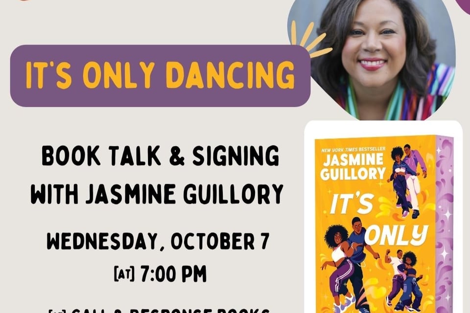 An event graphic featuring an author photo of Jasmine Guillory with the cover of It's Only Dancing