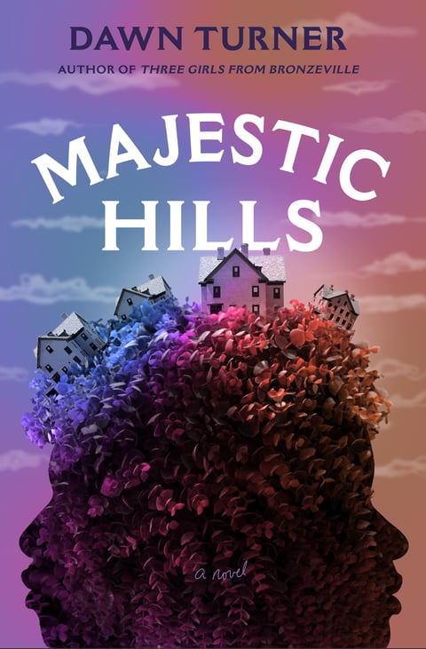 The book cover for Majestic Hills. Eerie purple clouds form the background. Houses rest atop a leafy hill formed by two silhouetted faces in profile.