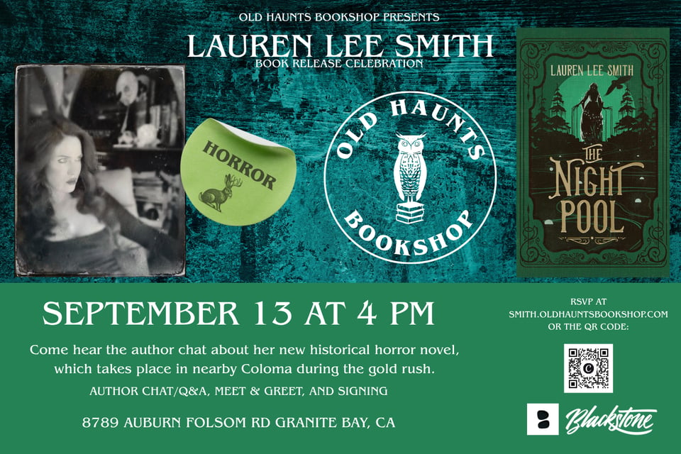 Author and book cover photos, store logo, horror tag, and event details