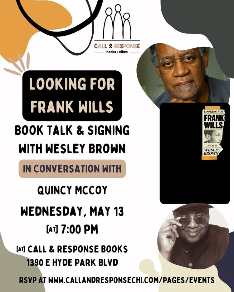 Book talk with Wesley Brown with author photo and cover art for Looking for Frank Willis