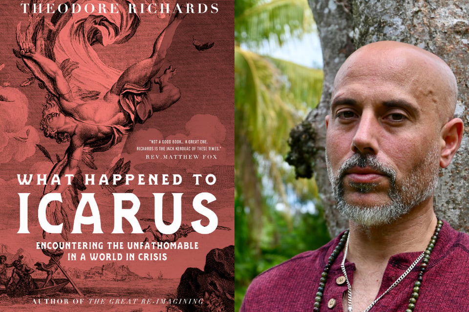 Cover art for what happened to icarus with author photo of theodore richards