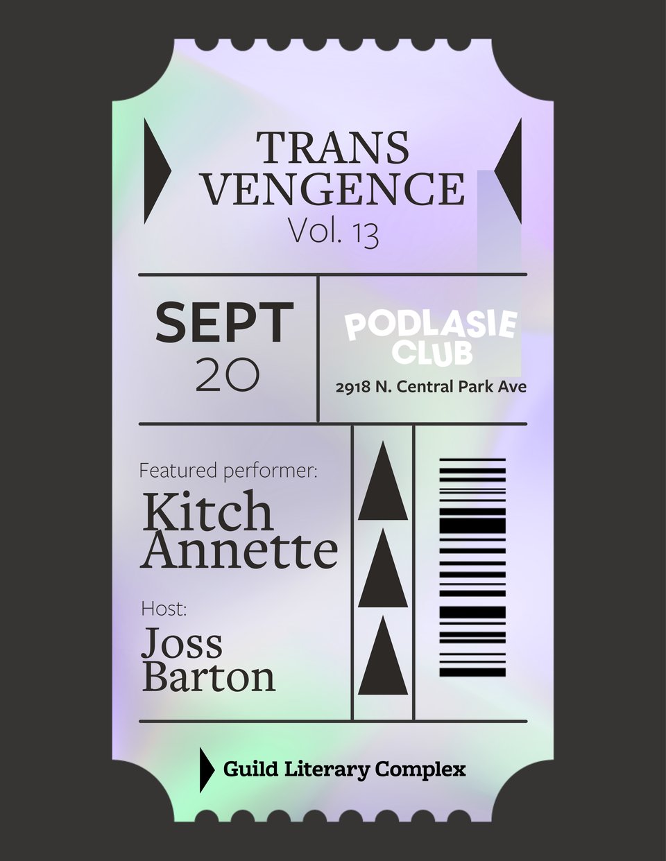 Pastel ticket-style poster for “Trans Vengeance Vol. 13,” Sept. 20 at Podlasie Club, featuring Kitch Annette and host Joss Barton.