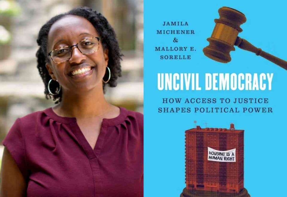 photo of author jamila michener and cover art for uncivil democracy