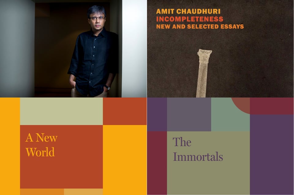 Author Amit Chaudhuri with the covers of his three books