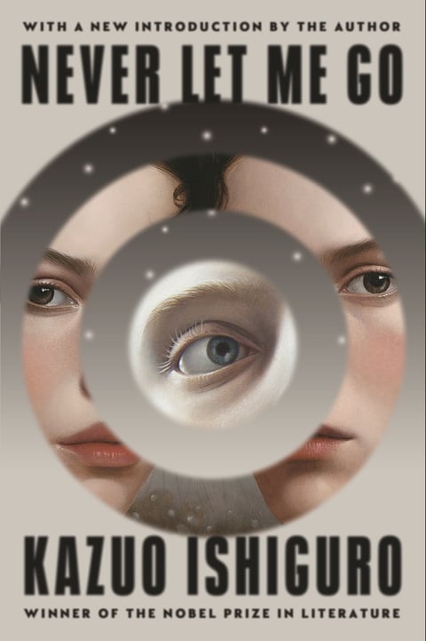 Book cover with faces in a circle and a close up of an eye