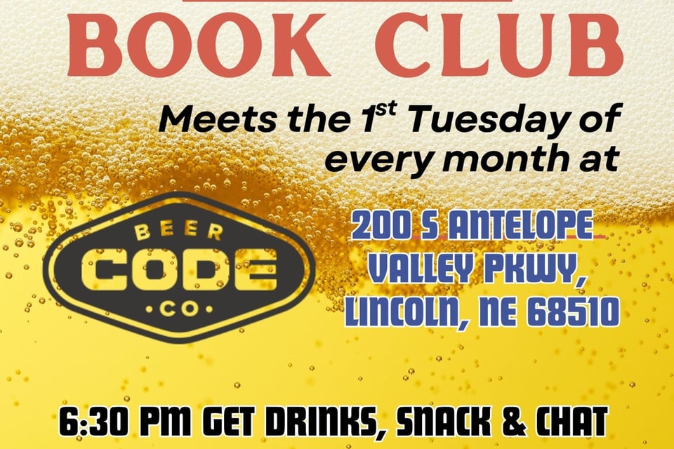 code beer book club meets the 1st Tuesday of every month at Code Beer , Lincoln, NE 68510. 6:30pm socialize, 7pm discussion starts