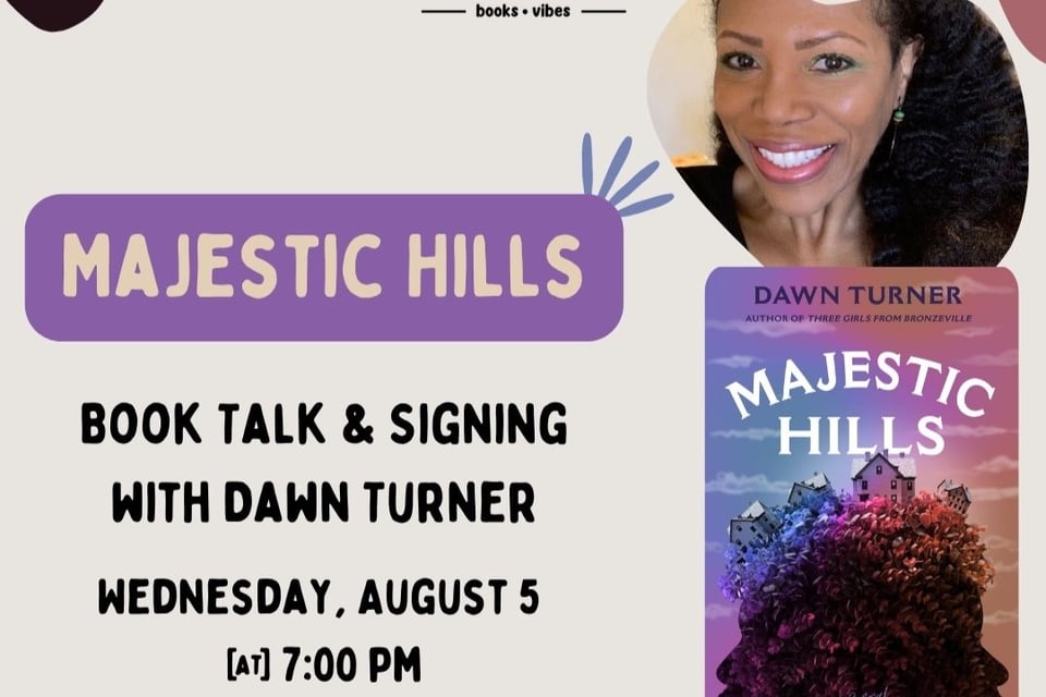 An event graphic featuring an author photo and book cover. The text reads "Book Talk & Signing with Dawn Turner"
