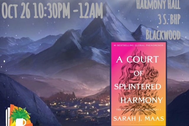 Book cover on background with date and location