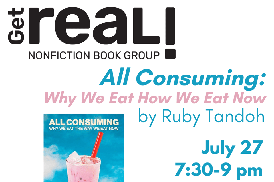 get REAL! book group promotional image with text and date and book cover