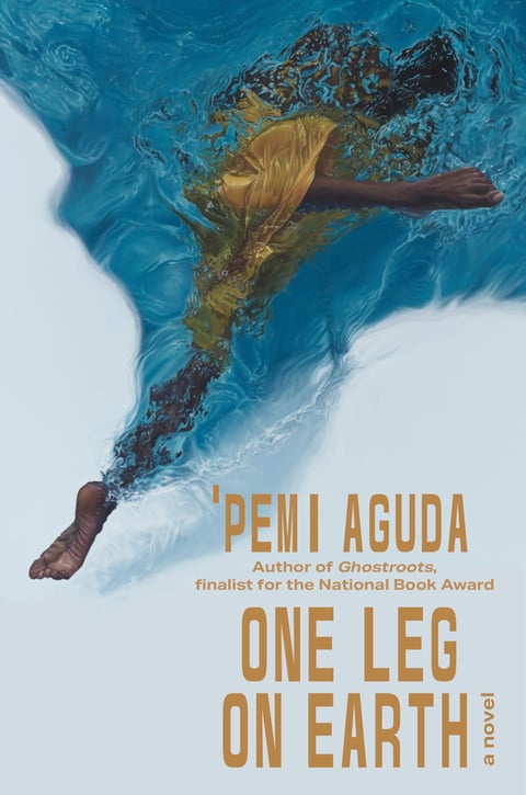 one leg on earth with woman descending into water and two legs still above water