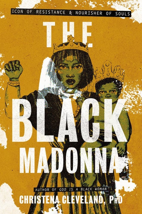 The book cover for The Black Madonna with the title in a bold white sans serif. An illustration of a Black Madonna with child against a yellow background. She raises her fist in the Black Power salute.