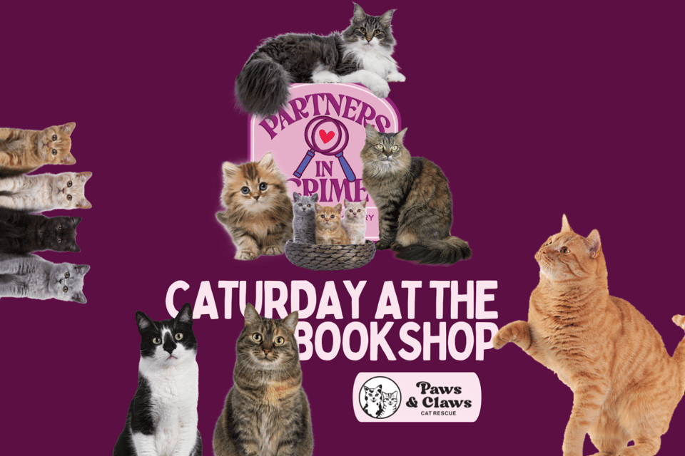 Caturday At Partners in Crime Bookshop , logo with cats covering it