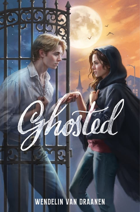 boy and girl in front of an iron gate with the moon in background and title Ghosted in cursive font