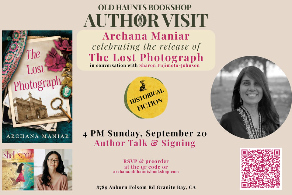 Event details with date, time, RSVP link, book covers, author photos