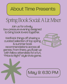 Spring Book Social details on purple background