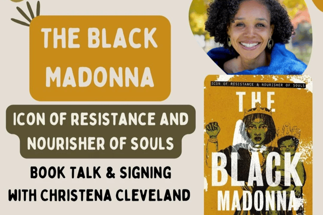 A yellow event graphic featuring an author photo of Christena Cleveland and the book cover of The Black Madonna