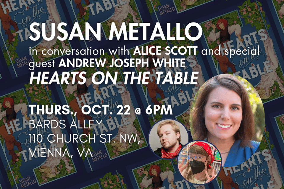 Susan Metallo with Alice Scott and Andrew Joseph White. Thursday, October 22 at 6pm at Bards Alley.