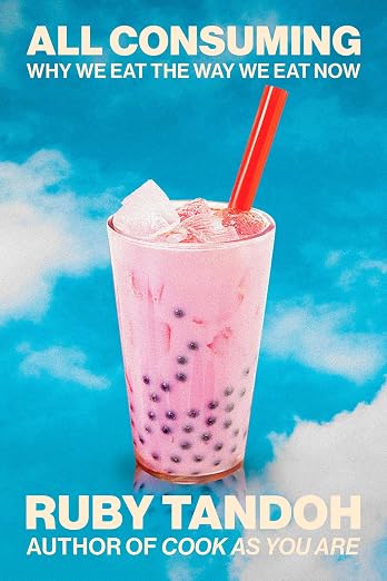 All Consuming book cover; blue sky with pink boba tea drink in middle